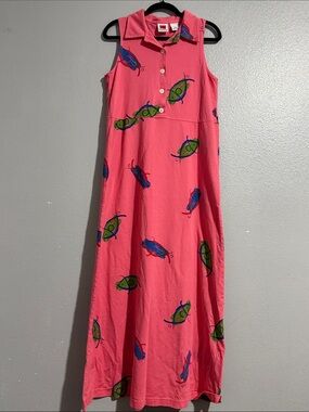 Vintage Red Ginger Sleeveless Pink Maxi Dress with fish Print